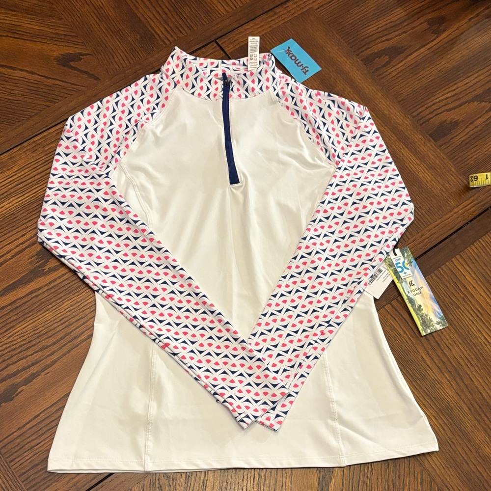 NWT Kyodan Golf UPF 50 Women’s Size P/S 1/4 Zip Pullover White & Geo Print
